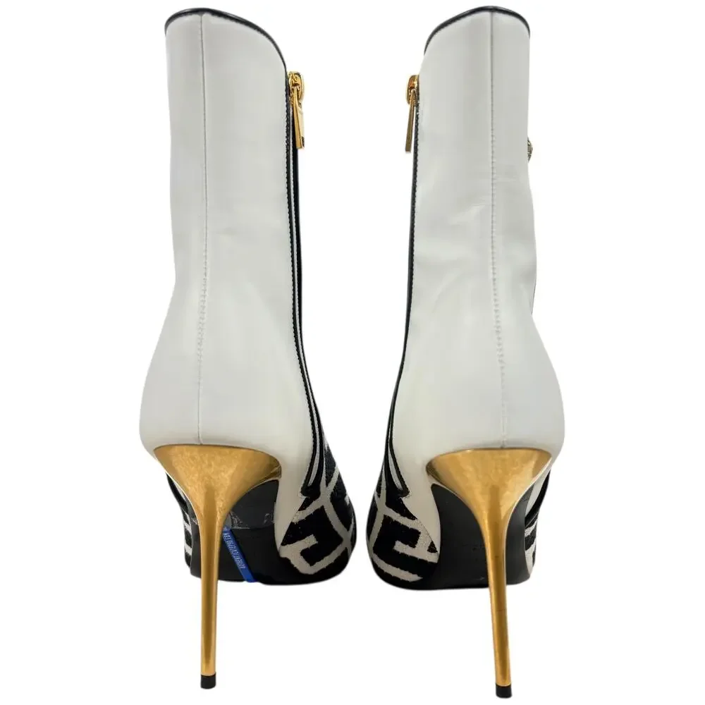 Balmain Roni Monogram Jacquard Leather Ankle Booties White Size 37.5